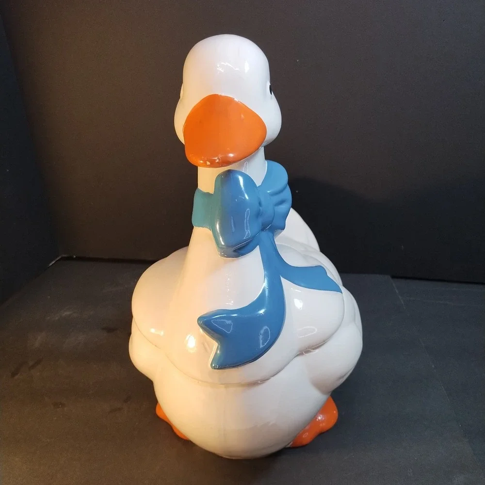 Vintage Mother Goose Cookie Jar White Ceramic Blue Bow Orange Beak LG Farmhouse